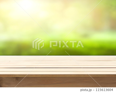 Wood tabletop or counter with display product. Blur image of green,blue and city background. Display product background concept for use. 115613604