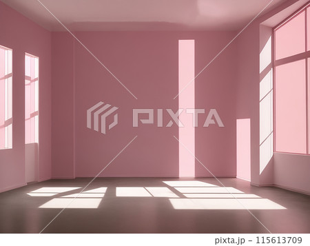 Beautiful blank wall background image of an empty space with sunlight. Wood floor for design or creative work. 115613709