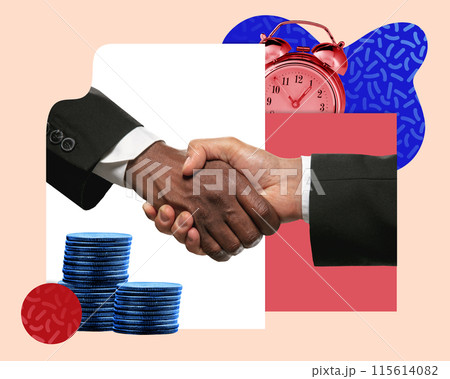 Contemporary art collage. Two businessmen shake hands, with stacks of coins and red alarm clock in background. Timely deals. Contemporary art collage. Two businessmen shake hands, with stacks of coins and red alarm clock in background. Timely deals. 115614082