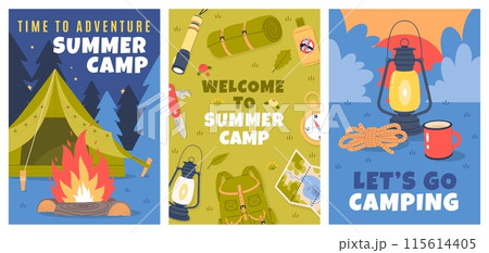 Camping and hiking elements. Traveling advertising, trip to nature, survival in forest, tourism and picnic equipment posters, journey banner, cartoon flat style isolated vector cards set 115614405
