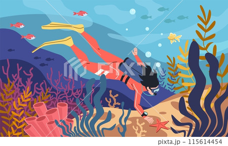 Diving under water. Girl in wetsuit dives, female scuba diver explores seabed, corals, sponges, fish, marine life. Ocean extreme sport cartoon flat isolated illustration, nowaday vector concept 115614454
