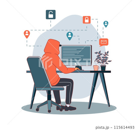 Hacker cracking passwords. Guy in hood sitting at monitor, writing program, cyber criminal, data theft, information and money theft, cartoon flat style isolated vector criminality concept Hacker cracking passwords. Guy in hood sitting at monitor, writing program, cyber criminal, data theft, information and money theft, cartoon flat style isolated vector criminality concept 115614493