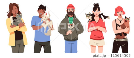 Happy owners with cats. Funny pets with people, guys and girls holding domestic animals in arms, different breeds and characters, veterinary cartoon flat style isolated tidy vector set Happy owners with cats. Funny pets with people, guys and girls holding domestic animals in arms, different breeds and characters, veterinary cartoon flat style isolated tidy vector set 115614505