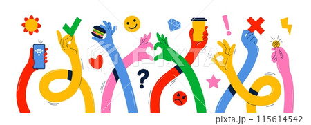 Long stretched hands. Multicolored human arms holding different items, long curved limbs, various gestures and symbols, smartphone, cup of coffee and coin, tidy vector cartoon flat isolated set 115614542