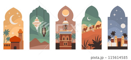 Oriental arch windows. Ramadan kareem, islamic style frames with desert landscapes, arab architecture, traditional lanterns. Religious holiday cartoon flat style isolated tidy vector set 115614585