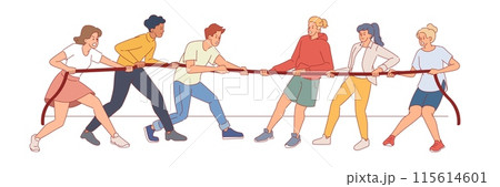 Tug of war. Confrontation between two people groups, rivalry and business competition, guys and girls pulling opposite ends rope, teamwork game, conflict symbol, vector cartoon flat concept Tug of war. Confrontation between two people groups, rivalry and business competition, guys and girls pulling opposite ends rope, teamwork game, conflict symbol, vector cartoon flat concept 115614601