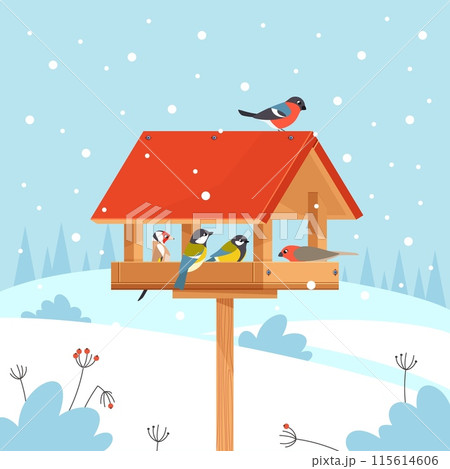 Winter feeding of birds. Goldfinches, tits and bullfinches peck grain in wooden house, care and support in cold year season, eating seeds and berries, cartoon flat isolated vector concept Winter feeding of birds. Goldfinches, tits and bullfinches peck grain in wooden house, care and support in cold year season, eating seeds and berries, cartoon flat isolated vector concept 115614606