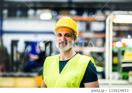 Warehouse employees in warehouse. Two workers in reflective clothing in modern industrial factory, heavy industry, manufactrury. 115614653
