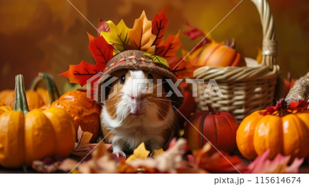 A cute guinea pig is dressed as a Thanksgiving turkey, surrounded by pumpkins and fall leaves 115614674