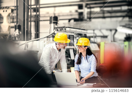 Two project managers standing in modern industrial factory. Manufacturing facility with robotics, robotic arms and automation. Storing products and materials in warehouse. 115614683