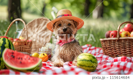 A small, brown dog dressed as a watermelon slice sits on a red and white checkered picnic blanket 115614684