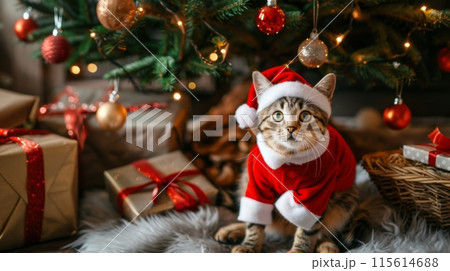 A cute cat, dressed in a Santa Claus costume, sits underneath a Christmas tree  115614688