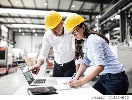 Two project managers standing in modern industrial factory, looking at laptop screen. Manufacturing facility with robotics, robotic arms and automation. Storing products and materials in warehouse. 115614690