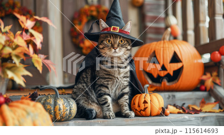 A tabby cat is dressed as a witch for Halloween, wearing a black pointed hat and cape. 115614693