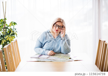 Overweight woman working on laptop from homeoffice, sitting at table and making phone call. 115614739