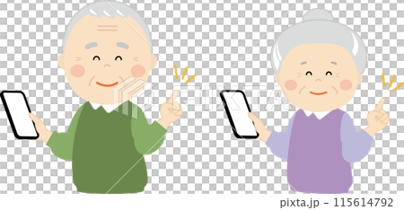 Senior men and women operating smartphones 115614792