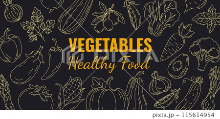Vegetables dark background, vector line veggies icons. Fresh and healthy farm products, organic, natural food. Horizontal banner, isolated background, space for text. For poster, menu, flyer, brochure 115614954