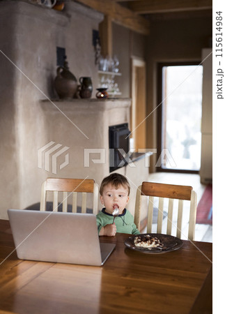 Boy watching cartoon on laptop while eating porridge. 115614984
