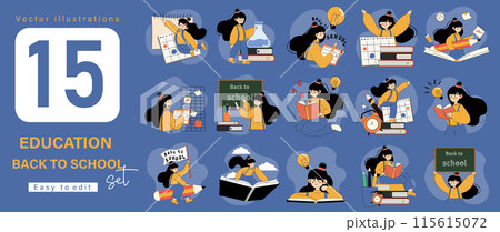 Vector Illustrations Set of Back to School Education Concepts. Featuring Students, Books, Learning Tools, and Classroom Activities. Perfect for Educational and Academic Themes. vector illustration. 115615072