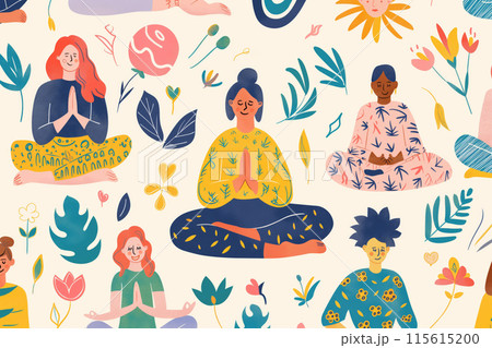 Illustration of multicultural individuals in meditation poses surrounded by nature 115615200