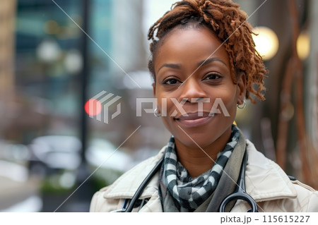Smiling African American female doctor with a stethoscope, posing outdoors 115615227