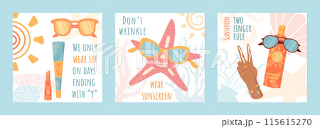 Sunscreen and sun block product summer banner set, creative social media post template with cartoon sun block tube, two finger rule hand and funny starfish with sunglasses at underwater background. Sunscreen and sun block product summer banner set, creative social media post template with cartoon sun block tube, two finger rule hand and funny starfish with sunglasses at underwater background. 115615270