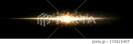 Gold horizontal lensflare. Light flash with rays or gold spotlight and bokeh. Yellow glow flare light effect. Vector illustration. Isolated on dark transparent background Gold horizontal lensflare. Light flash with rays or gold spotlight and bokeh. Yellow glow flare light effect. Vector illustration. Isolated on dark transparent background 115615407