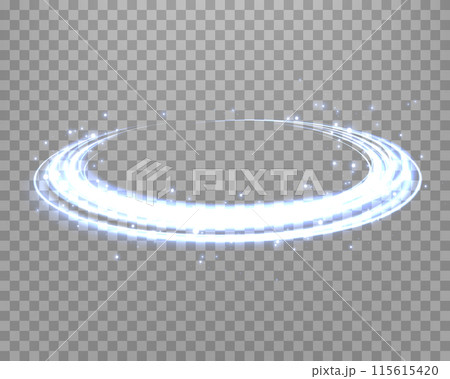 Glowing blue magic rings. Dynamic orbital flare halo ring. Neon realistic energy swoosh swirl. Abstract light effect on a transparent background. Vector illustration 115615420