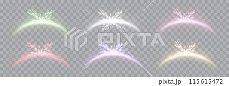 Magic arches different colors with glowing particles, sunlight lens flare. Neon realistic energy flare arch. Abstract light effect on a transparent background. Vector illustration. Magic arches different colors with glowing particles, sunlight lens flare. Neon realistic energy flare arch. Abstract light effect on a transparent background. Vector illustration. 115615472