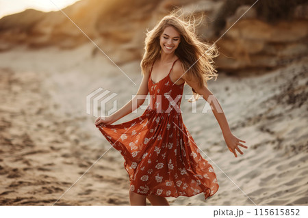 Happy young woman in floral dress enjoying the beach at golden hour Happy young woman in floral dress enjoying the beach at golden hour 115615852