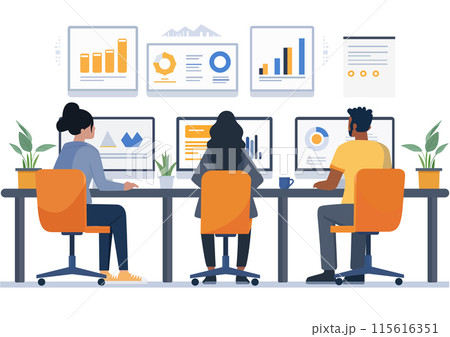 Business work and planning company. Office people with business plan flat design vector illustration. Success, teamwork concept for banner. Business work and planning company. Office people with business plan flat design vector illustration. Success, teamwork concept for banner. 115616351