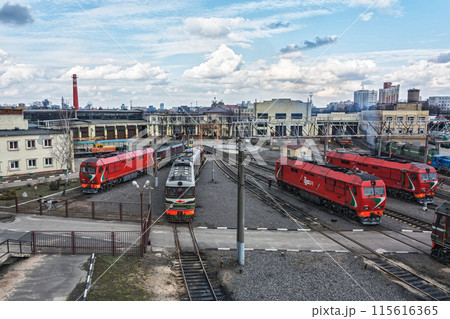 Belarus, Minsk - 20.03.2017: Diesel locomotives in the locomotive depot of the railway 115616365