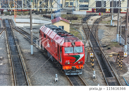 Belarus, Minsk - 20.03.2017: Diesel locomotive TEP 70 BS in locomotive depot of the railway Belarus, Minsk - 20.03.2017: Diesel locomotive TEP 70 BS in locomotive depot of the railway 115616366