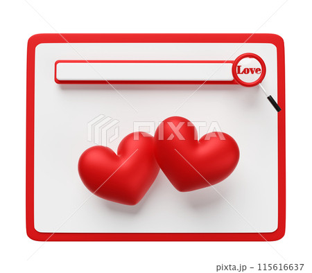 tablet with red double heart, magnifying glass, smartphone isolated. looking for a partner concept, 3d illustration render tablet with red double heart, magnifying glass, smartphone isolated. looking for a partner concept, 3d illustration render 115616637
