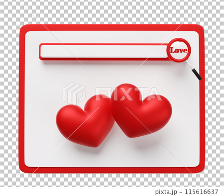 tablet with red double heart, magnifying glass, smartphone isolated. looking for a partner concept, 3d illustration render tablet with red double heart, magnifying glass, smartphone isolated. looking for a partner concept, 3d illustration render 115616637