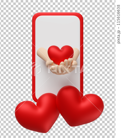 mobile phone, smartphone with hands hold red heart isolated. valentine's day, looking for a partner concept, 3d illustration render mobile phone, smartphone with hands hold red heart isolated. valentine's day, looking for a partner concept, 3d illustration render 115616638