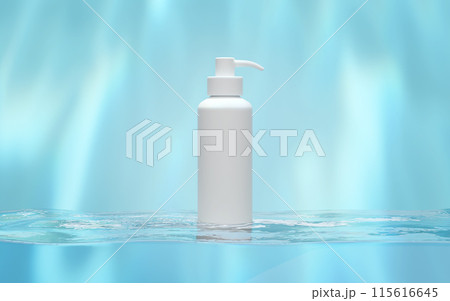 3d bottle for cosmetic lotion, foam, liquid soap, gel pump style isolated on blue background. hand sanitizer container, mock up template concept, 3d render illustration 115616645