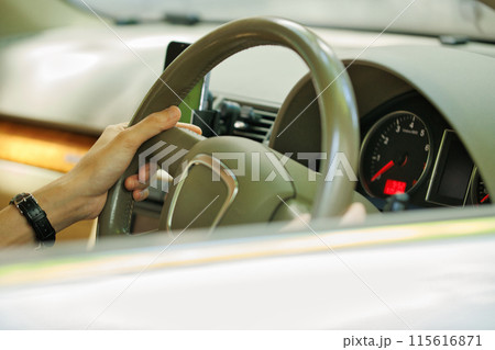 ハンドルを握るスーツの若い男性 115616871