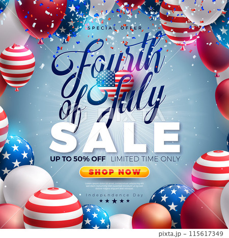 4th of July Independence Day Sale Banner Design with American Flag Pattern Heart and Party Balloon on Light Background. Fourth of July USA National Holiday Vector Illustration with Special Offer 4th of July Independence Day Sale Banner Design with American Flag Pattern Heart and Party Balloon on Light Background. Fourth of July USA National Holiday Vector Illustration with Special Offer 115617349