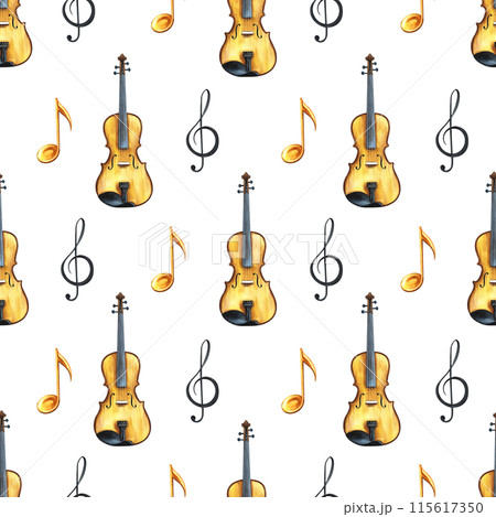 Musical seamless pattern with violins and notes. The watercolor illustration is made by hand. For textiles, packaging paper, printing and more. 115617350