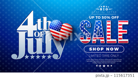 4th of July Independence Day Sale Banner Design with American Flag Heart Symbol and Typography Lettering on Blue Background. Fourth of July USA National Holiday Vector Illustration with Special Offer 115617351