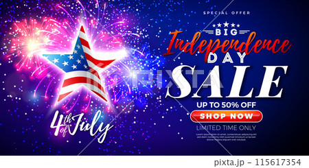 4th of July Independence Day Sale Banner Design with American Flag in Star Symbol and Party Balloon on Fireworks Background. Fourth of July USA National Holiday Vector Illustration with Special Offer 4th of July Independence Day Sale Banner Design with American Flag in Star Symbol and Party Balloon on Fireworks Background. Fourth of July USA National Holiday Vector Illustration with Special Offer 115617354