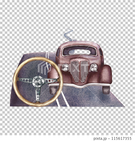 Asphalt road, retro car and steering wheel. The illustration is done in watercolor by hand. Sticker for drivers. Designed for making flyers, banners and postcards. For invitations, posters and prints. 115617355