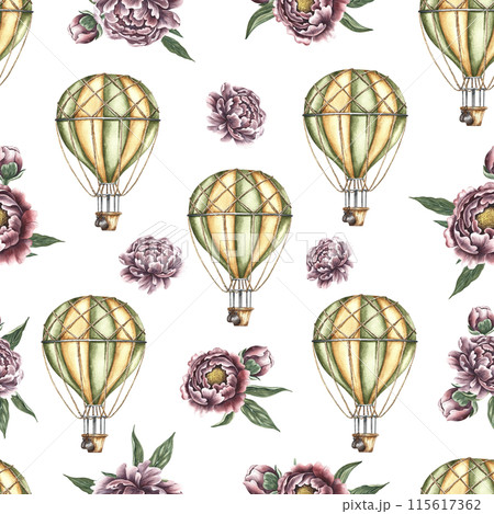 Balloons for travelers. Seamless pattern with balloons and peonies in vintage style. Handmade watercolor illustration. For textiles, wallpaper and wrapping paper. For labels, packaging, printing. 115617362