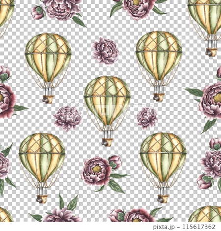 Balloons for travelers. Seamless pattern with balloons and peonies in vintage style. Handmade watercolor illustration. For textiles, wallpaper and wrapping paper. For labels, packaging, printing. 115617362