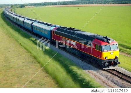 A train travels in countryside among fields 115617489