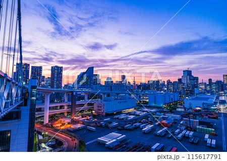 (東京都)レインボーブリッジ北側遊歩道からの眺める芝浦埠頭 夕景 (東京都)レインボーブリッジ北側遊歩道からの眺める芝浦埠頭 夕景 115617791