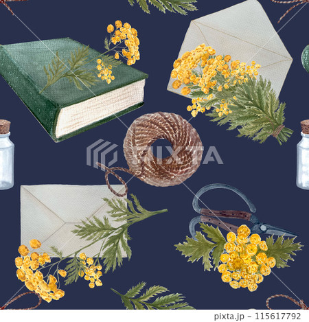 Blue tansy flowers, scissors, jute rope, book and envelope seamless pattern on dark background. Hand painted in watercolor. High quality art great for wrapping paper, packages, herbal production Blue tansy flowers, scissors, jute rope, book and envelope seamless pattern on dark background. Hand painted in watercolor. High quality art great for wrapping paper, packages, herbal production 115617792
