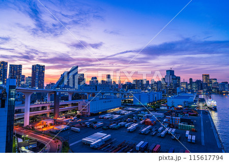 （東京都）レインボーブリッジ北側遊歩道からの眺める芝浦埠頭　夕景 115617794