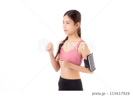 Portrait of beautiful young asian woman in sportswear jogging for workout isolated white background. Portrait of beautiful young asian woman in sportswear jogging for workout isolated white background. 115617928